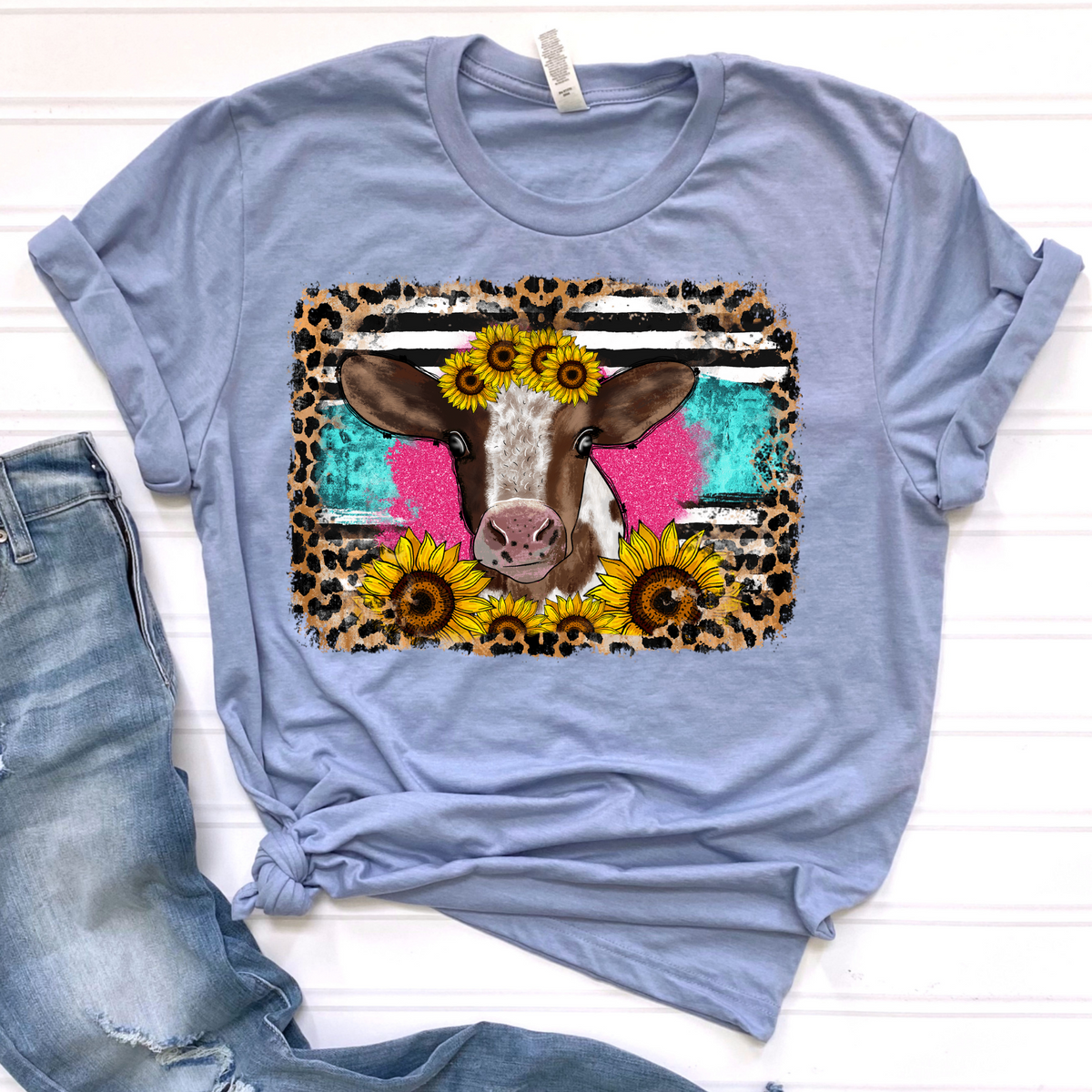 Leopard Print Sunflower Cow DTF Print Crawford Country Store