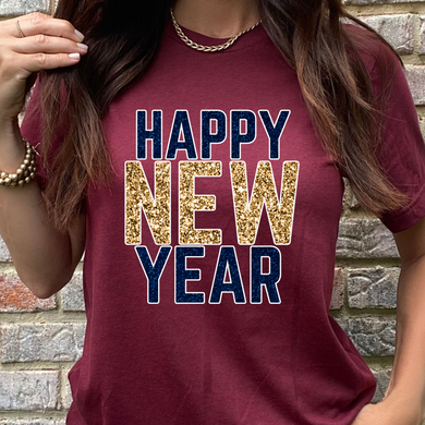 Happy New Year- Navy and Gold Glitter DTF Print