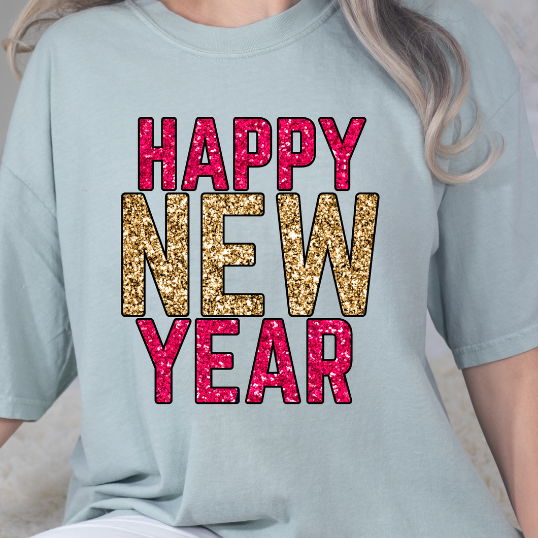 Happy New Year- Pink and Gold Glitter DTF Print