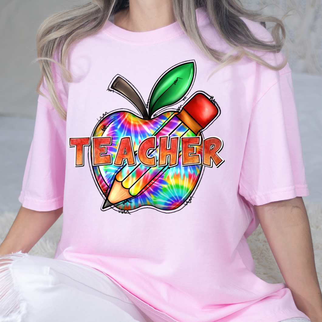 Teacher Tie-Dye Apple DTF Print
