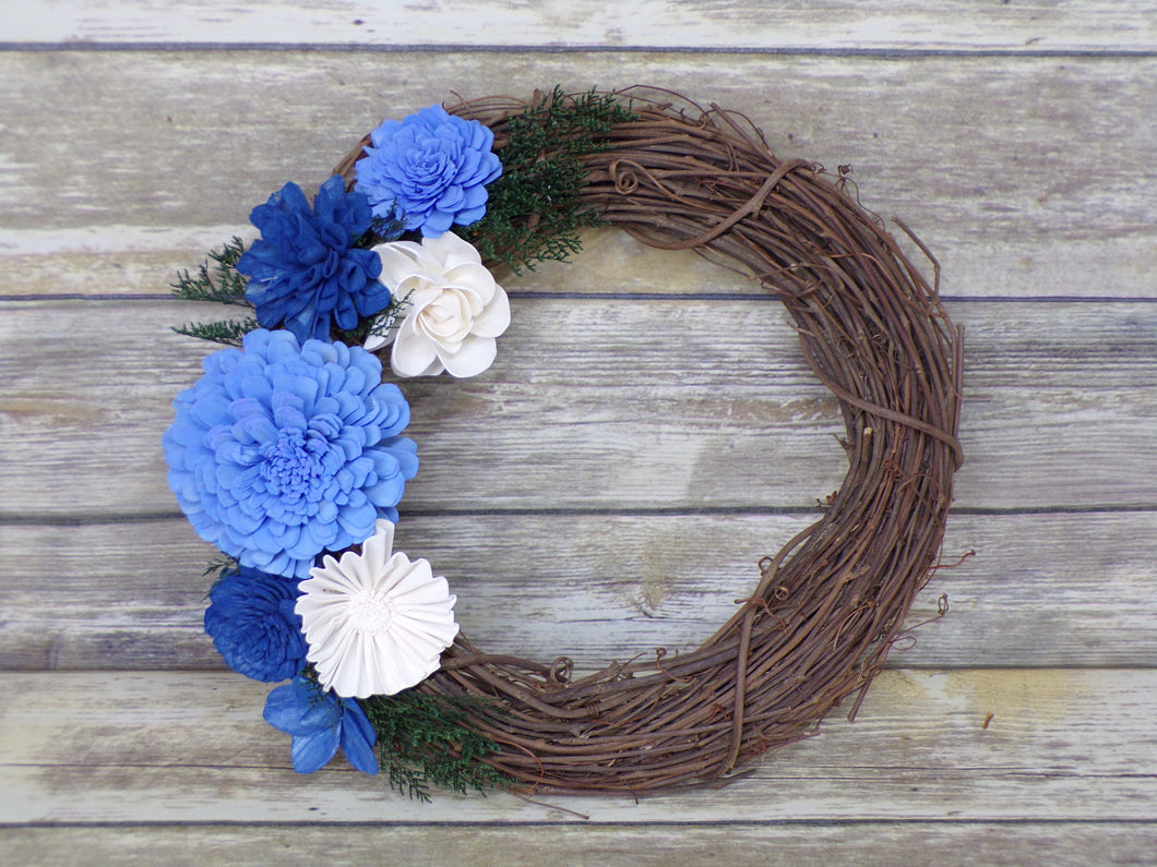 Twig Wreath with Blue Flowers