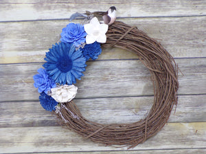 Twig Wreath with Blue Flowers and Bird