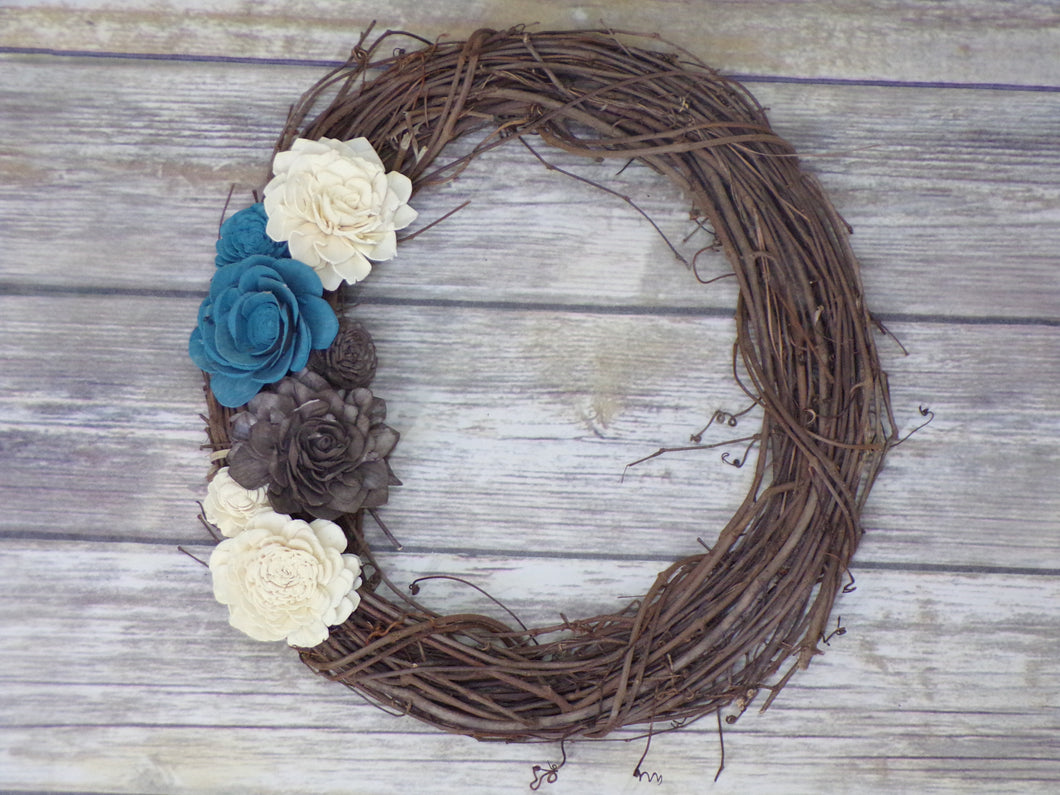 Twig Wreath with Blue, Brown, and White Flowers