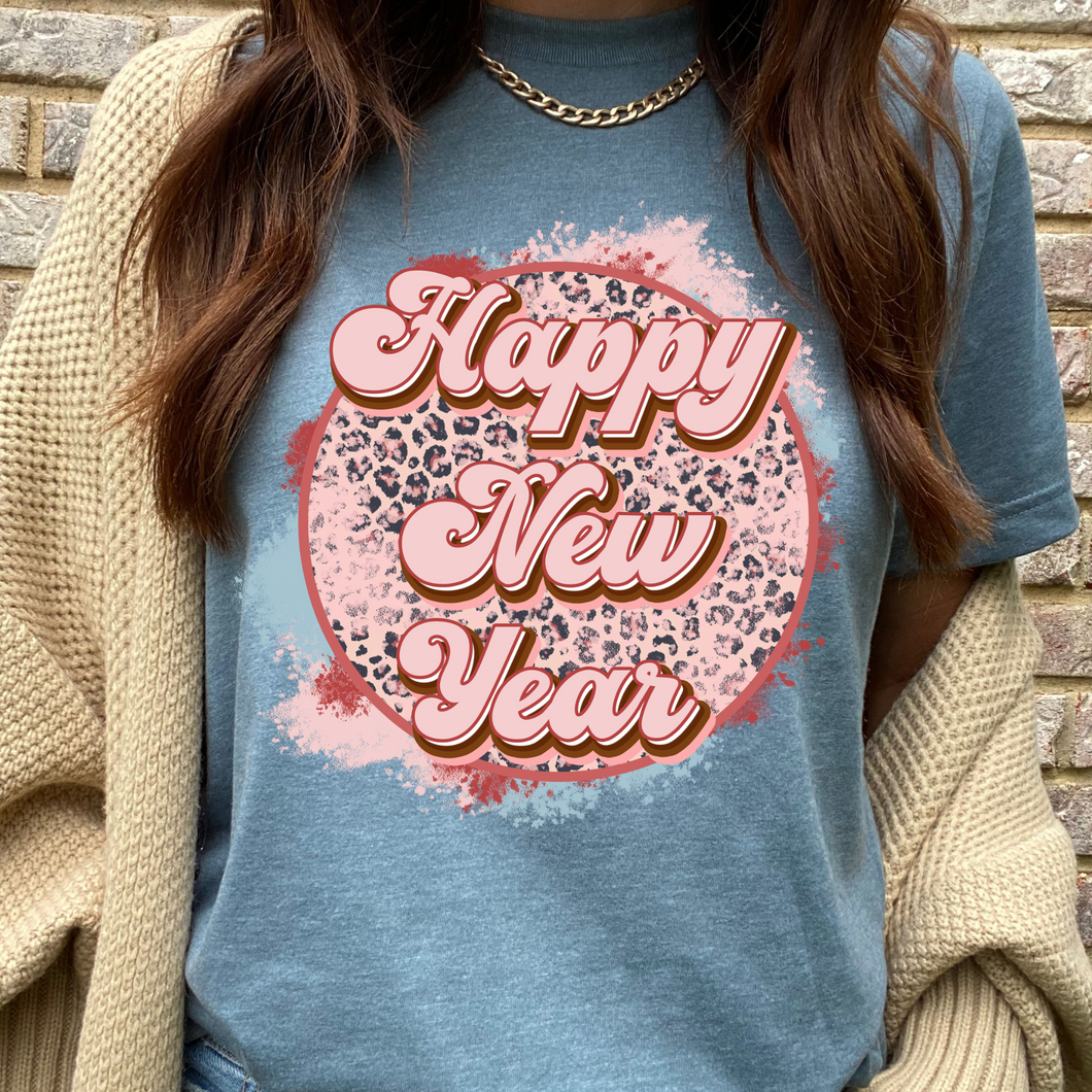 Happy New Year Pink Leopard DTF Print