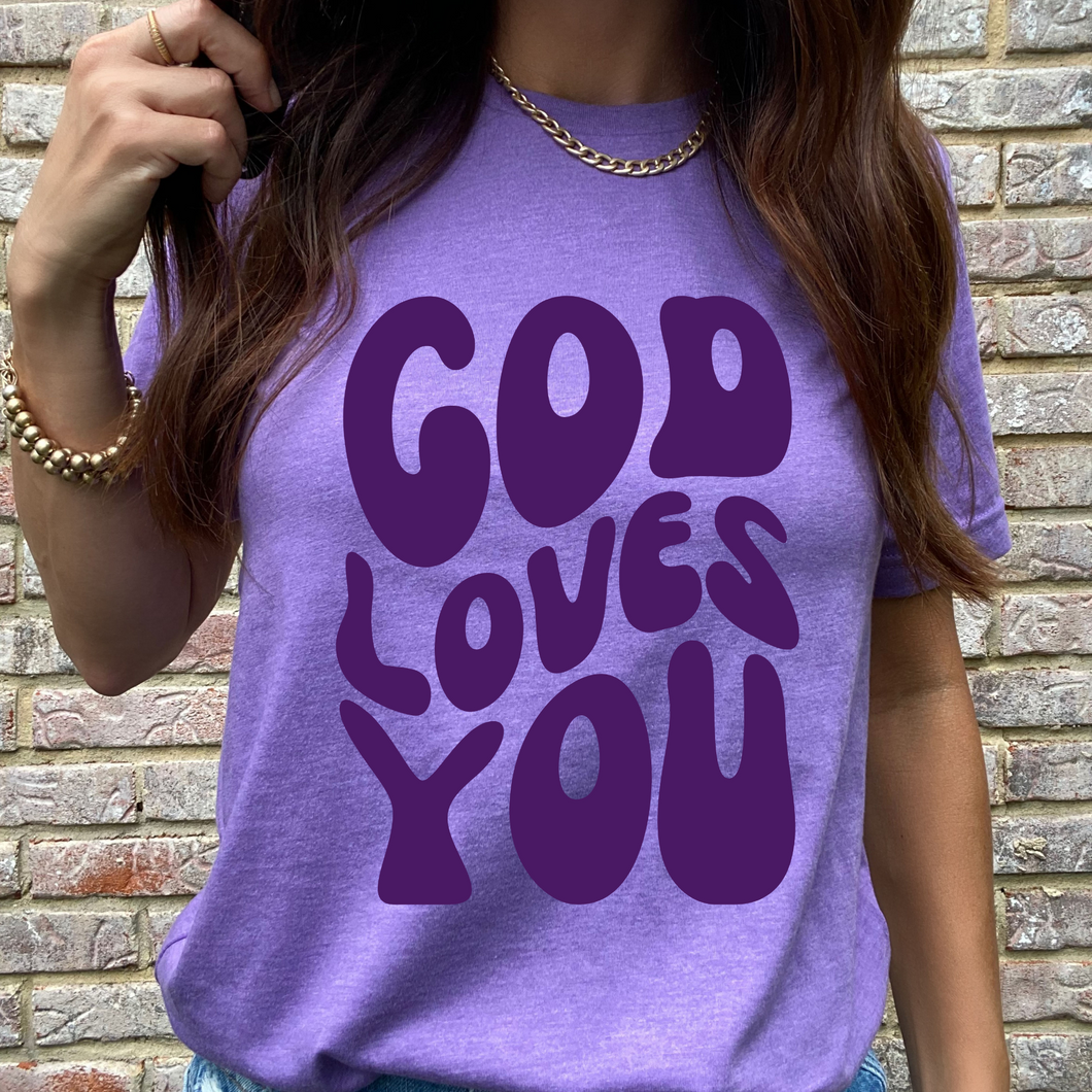 God Loves You in Purple DTF Print